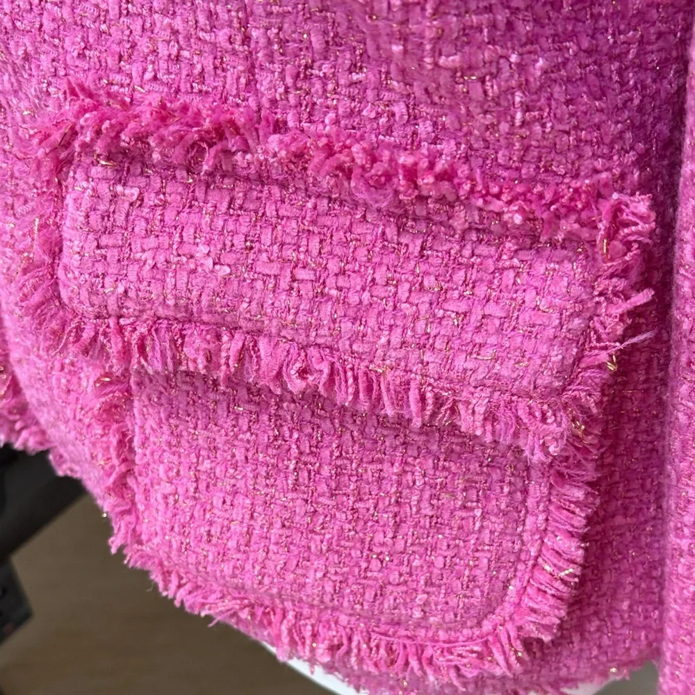 BOSTON PROPER Pink Gold Bouclé Women's Blazer Jacket Fringe Lined size 4 EUC - Picture 4 of 12